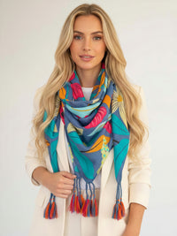 BLUE ROSE FLORAL PRINT SQUARE TASSEL SCARF - A-SHU.CO.UK