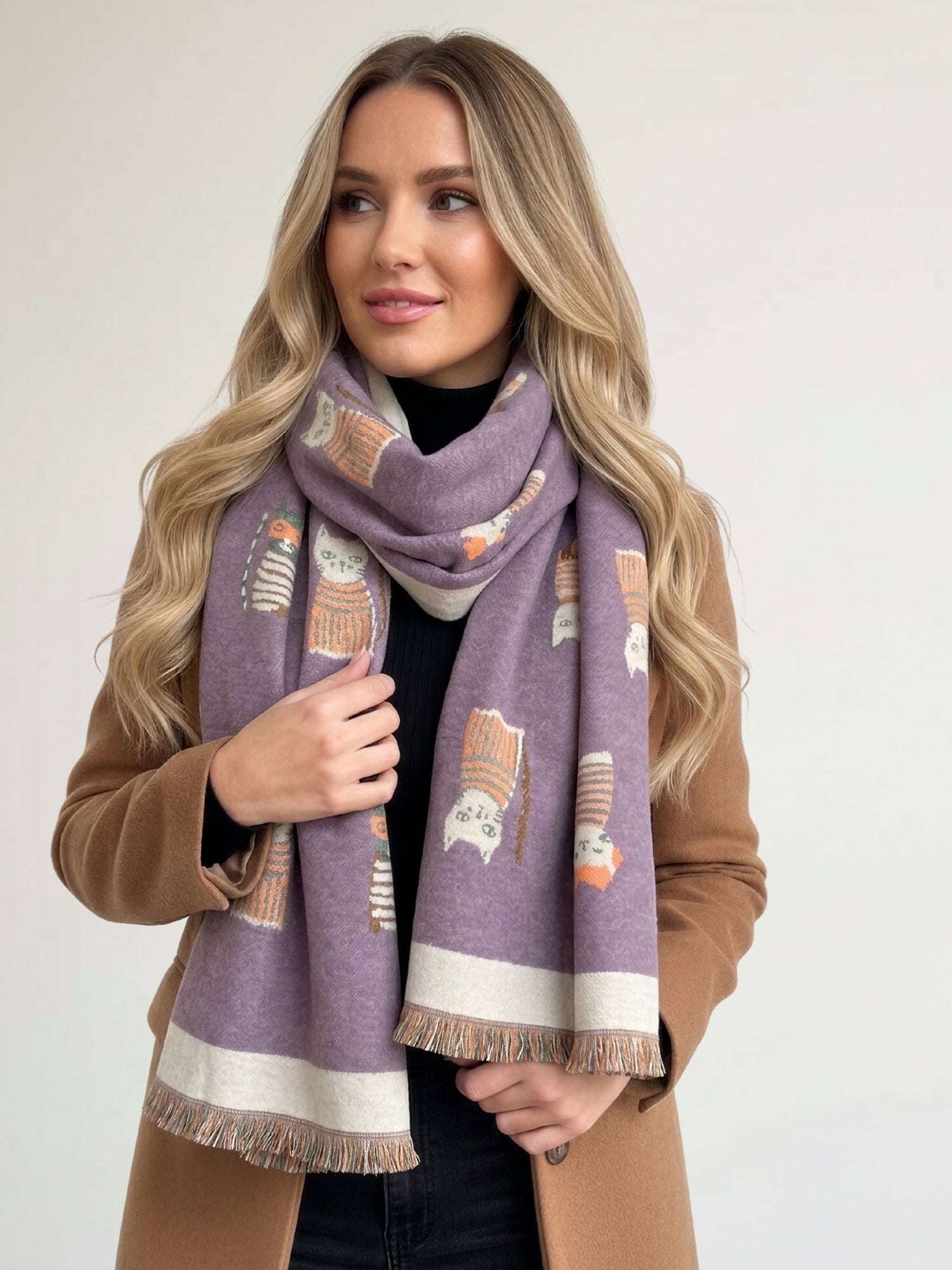 LARGE CASHMERE LILAC CAT PRINT REVERSIBLE WINTER SHAWL BLANKET SCARF