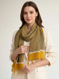 LARGE MUSTARD YELLOW DIAMOND PRINT SHAWL SCARF WITH TASSELS