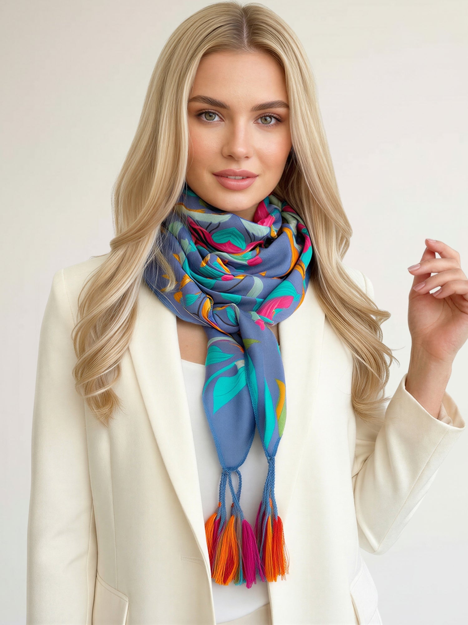 BLUE ROSE FLORAL PRINT SQUARE TASSEL SCARF - A-SHU.CO.UK