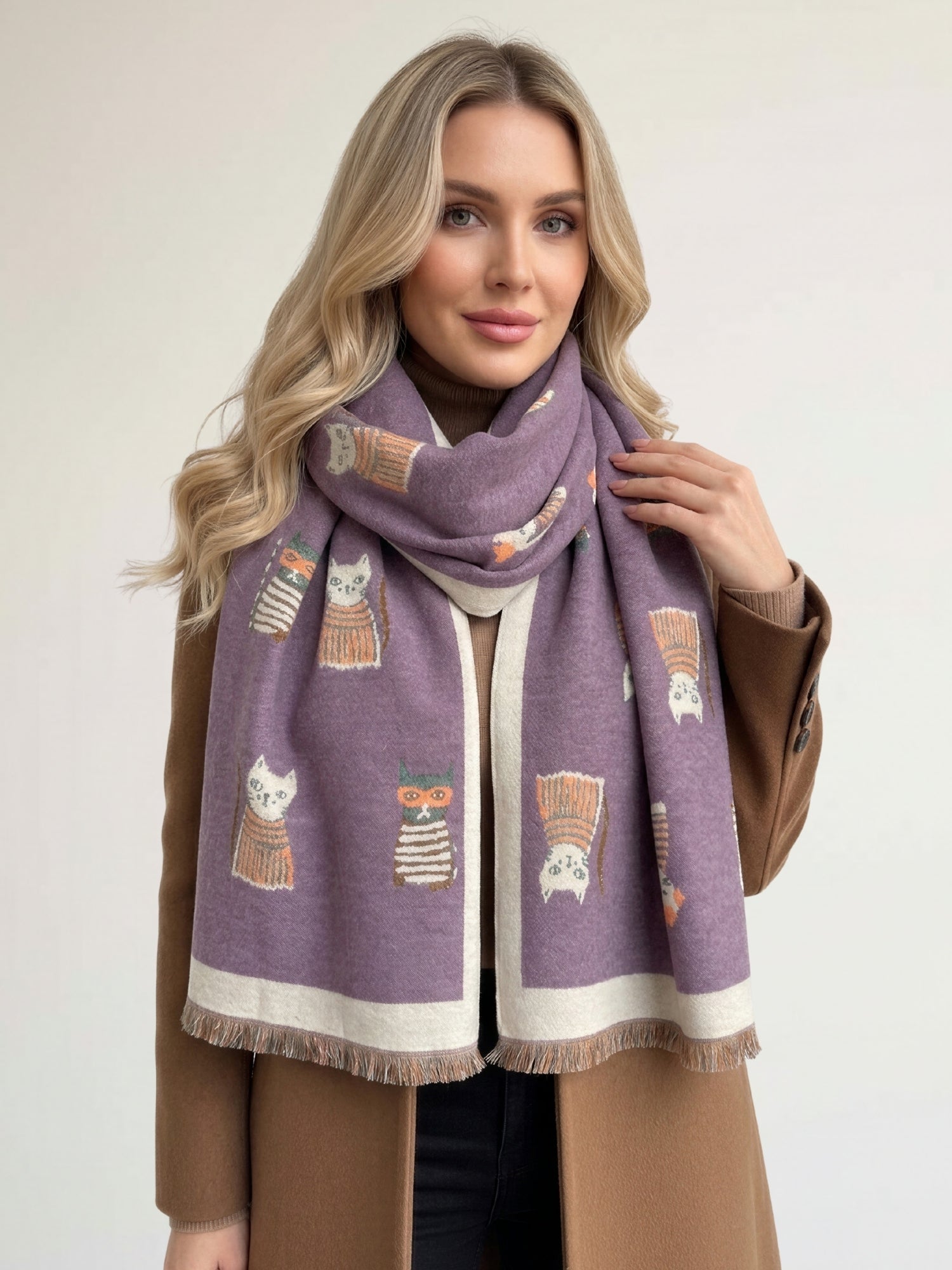 LARGE CASHMERE LILAC CAT PRINT REVERSIBLE WINTER SHAWL BLANKET SCARF