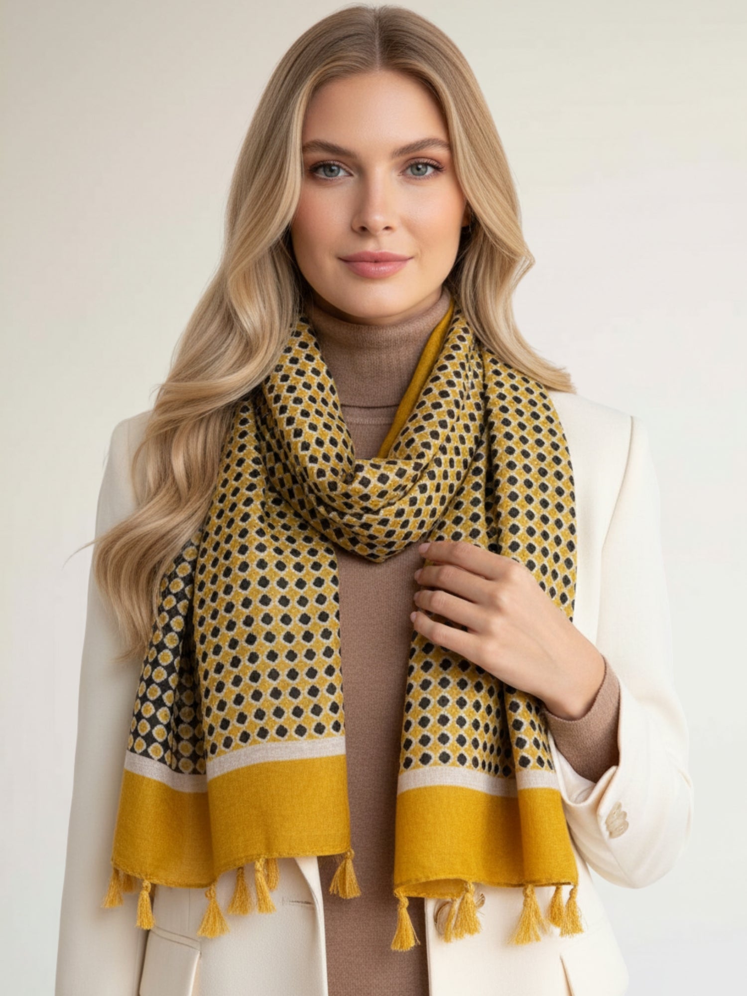 LARGE MUSTARD YELLOW DIAMOND PRINT SHAWL SCARF WITH TASSELS