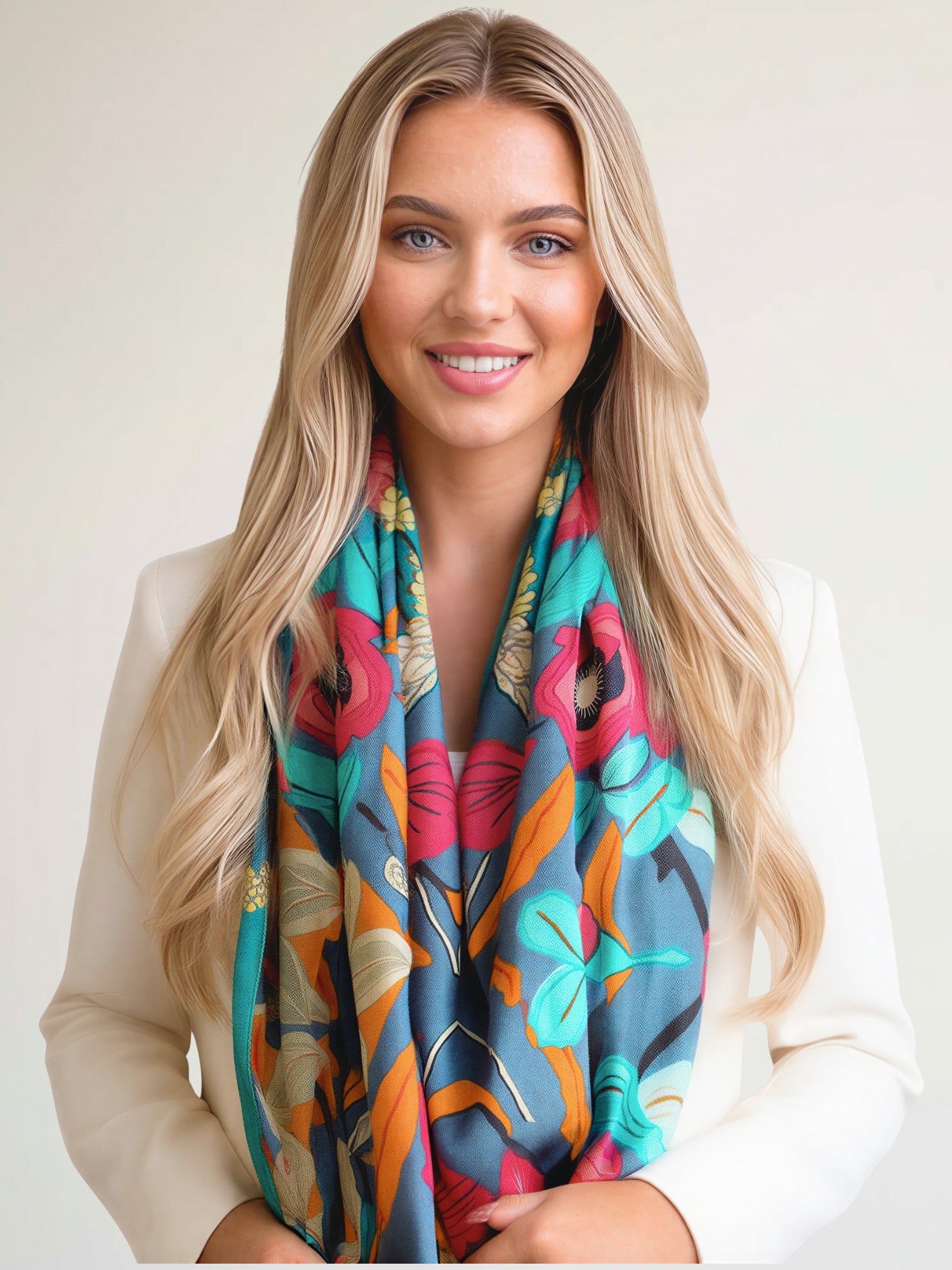 BLUE ROSE FLORAL PRINT SQUARE TASSEL SCARF - A-SHU.CO.UK