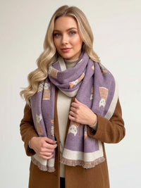 LARGE CASHMERE LILAC CAT PRINT REVERSIBLE WINTER SHAWL BLANKET SCARF