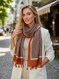 LARGE BURNT ORANGE DIAMOND PRINT SHAWL SCARF WITH TASSELS