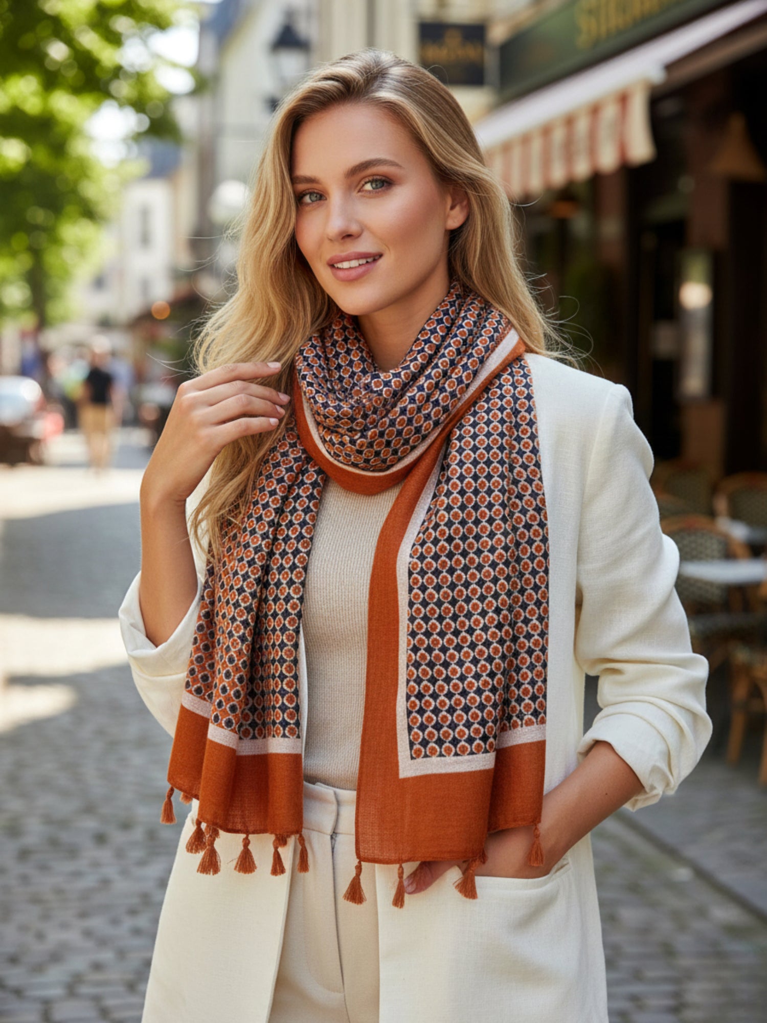 LARGE BURNT ORANGE DIAMOND PRINT SHAWL SCARF WITH TASSELS