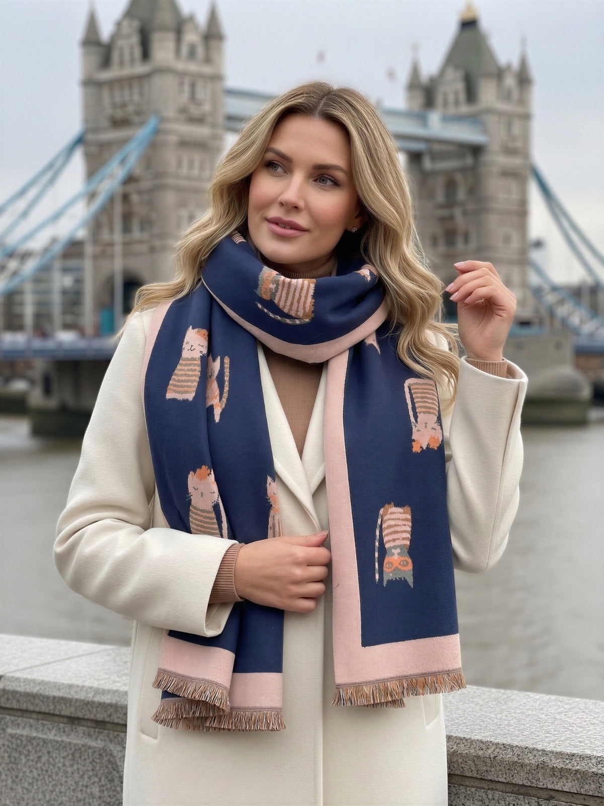 LARGE CASHMERE NAVY CAT PRINT REVERSIBLE WINTER SHAWL BLANKET SCARF