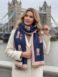 LARGE CASHMERE NAVY CAT PRINT REVERSIBLE WINTER SHAWL BLANKET SCARF