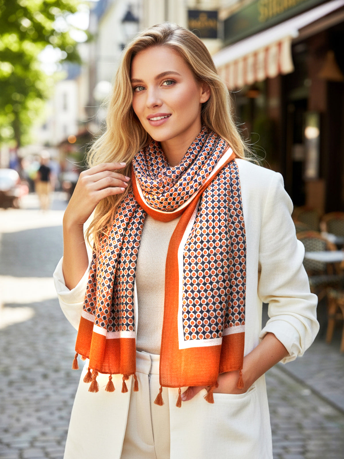 LARGE ORANGE DIAMOND PRINT SHAWL SCARF WITH TASSELS - A-SHU.CO.UK