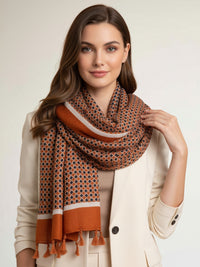 LARGE BURNT ORANGE DIAMOND PRINT SHAWL SCARF WITH TASSELS