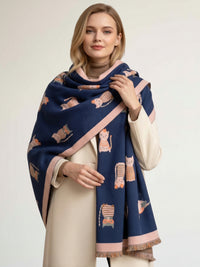 LARGE CASHMERE NAVY CAT PRINT REVERSIBLE WINTER SHAWL BLANKET SCARF