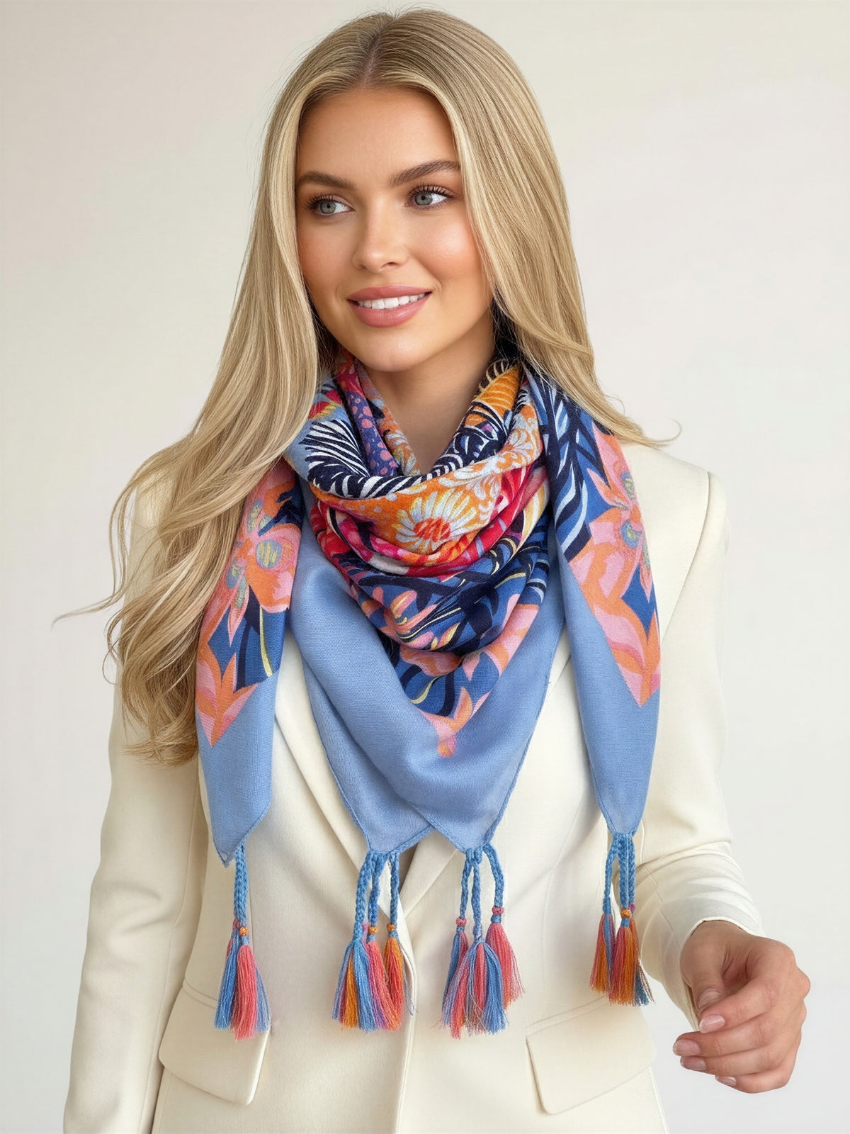 BLUE GARDEN FLORAL PRINT SQUARE TASSEL SCARF - A-SHU.CO.UK