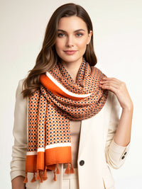 LARGE ORANGE DIAMOND PRINT SHAWL SCARF WITH TASSELS - A-SHU.CO.UK