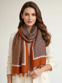 LARGE BURNT ORANGE DIAMOND PRINT SHAWL SCARF WITH TASSELS