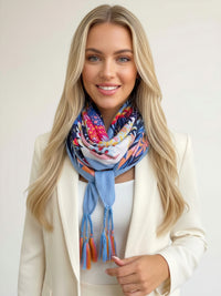 BLUE GARDEN FLORAL PRINT SQUARE TASSEL SCARF - A-SHU.CO.UK