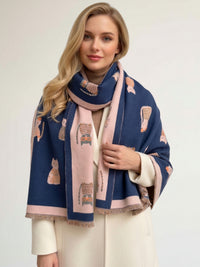 LARGE CASHMERE NAVY CAT PRINT REVERSIBLE WINTER SHAWL BLANKET SCARF