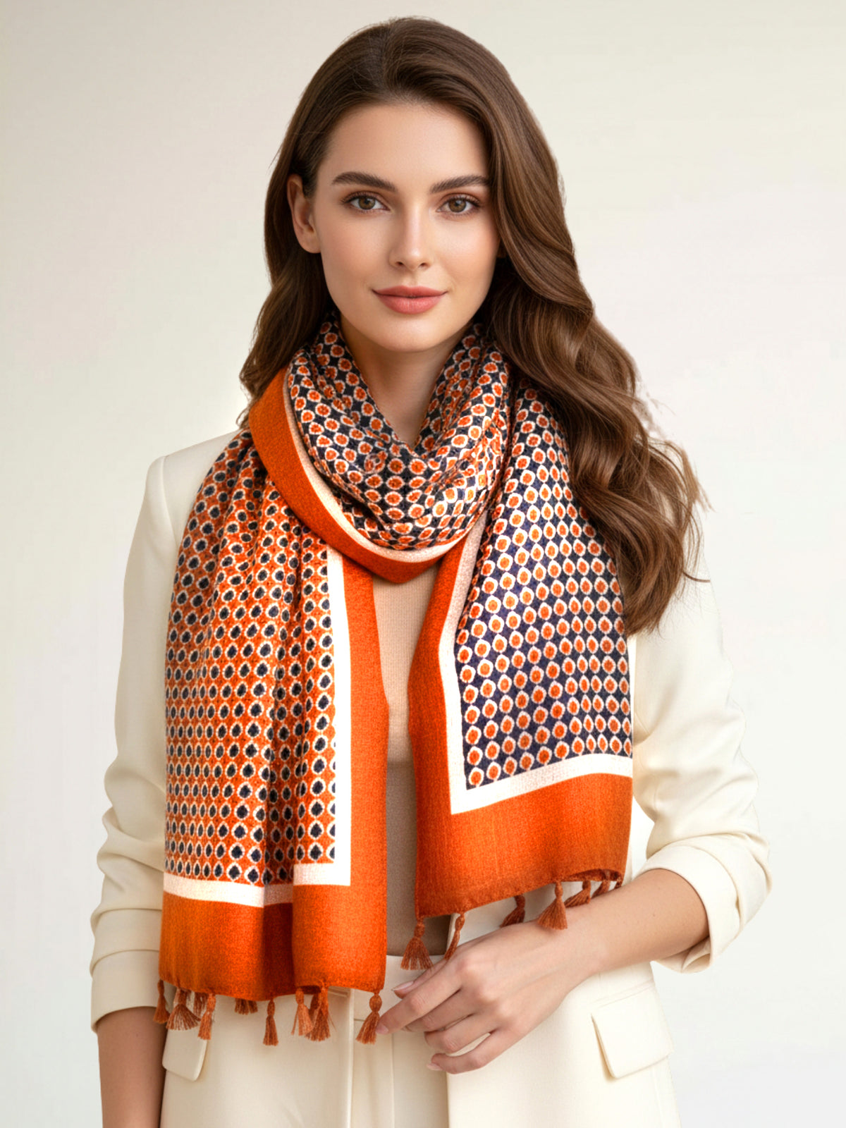LARGE ORANGE DIAMOND PRINT SHAWL SCARF WITH TASSELS - A-SHU.CO.UK