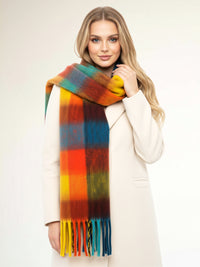 BLACK CHECKED WOOL RAINBOW BLANKET SCARF OVERSIZED WINTER SHAWL WRAP