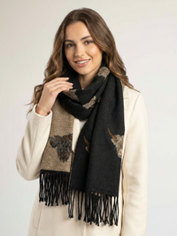 LARGE BLACK HIGHLAND COW CASHMERE REVERSIBLE SHAWL SCARF