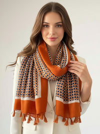 LARGE BURNT ORANGE DIAMOND PRINT SHAWL SCARF WITH TASSELS