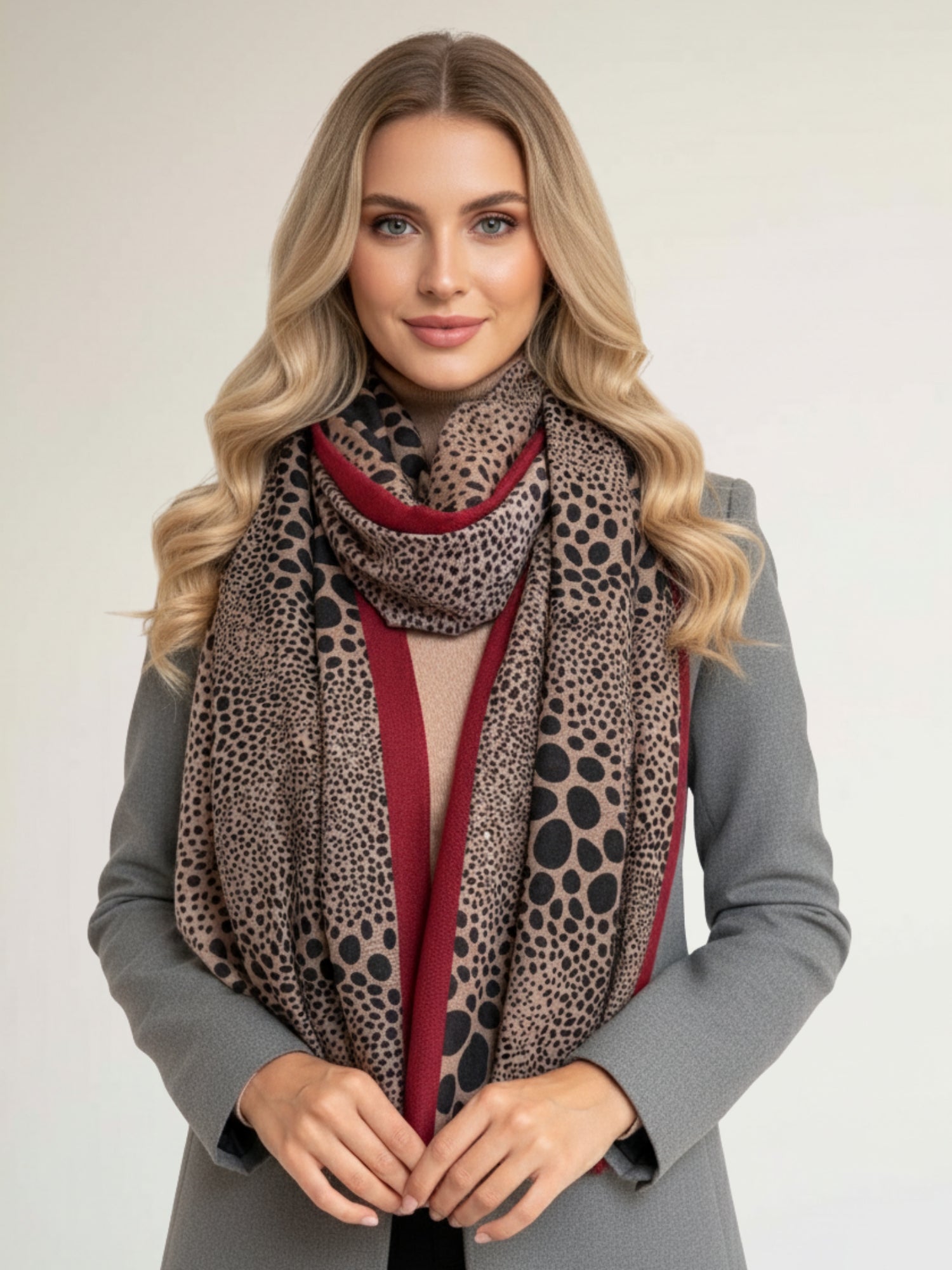 LIGHTWEIGHT BURGUNDY LEOPARD DOT PRINT SCARF