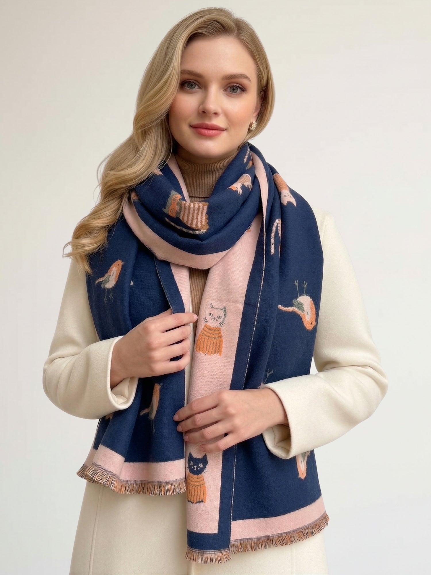 LARGE CASHMERE NAVY CAT PRINT REVERSIBLE WINTER SHAWL BLANKET SCARF