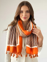 LARGE ORANGE DIAMOND PRINT SHAWL SCARF WITH TASSELS - A-SHU.CO.UK