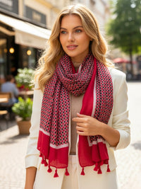 LARGE RED DIAMOND PRINT SHAWL SCARF WITH TASSELS