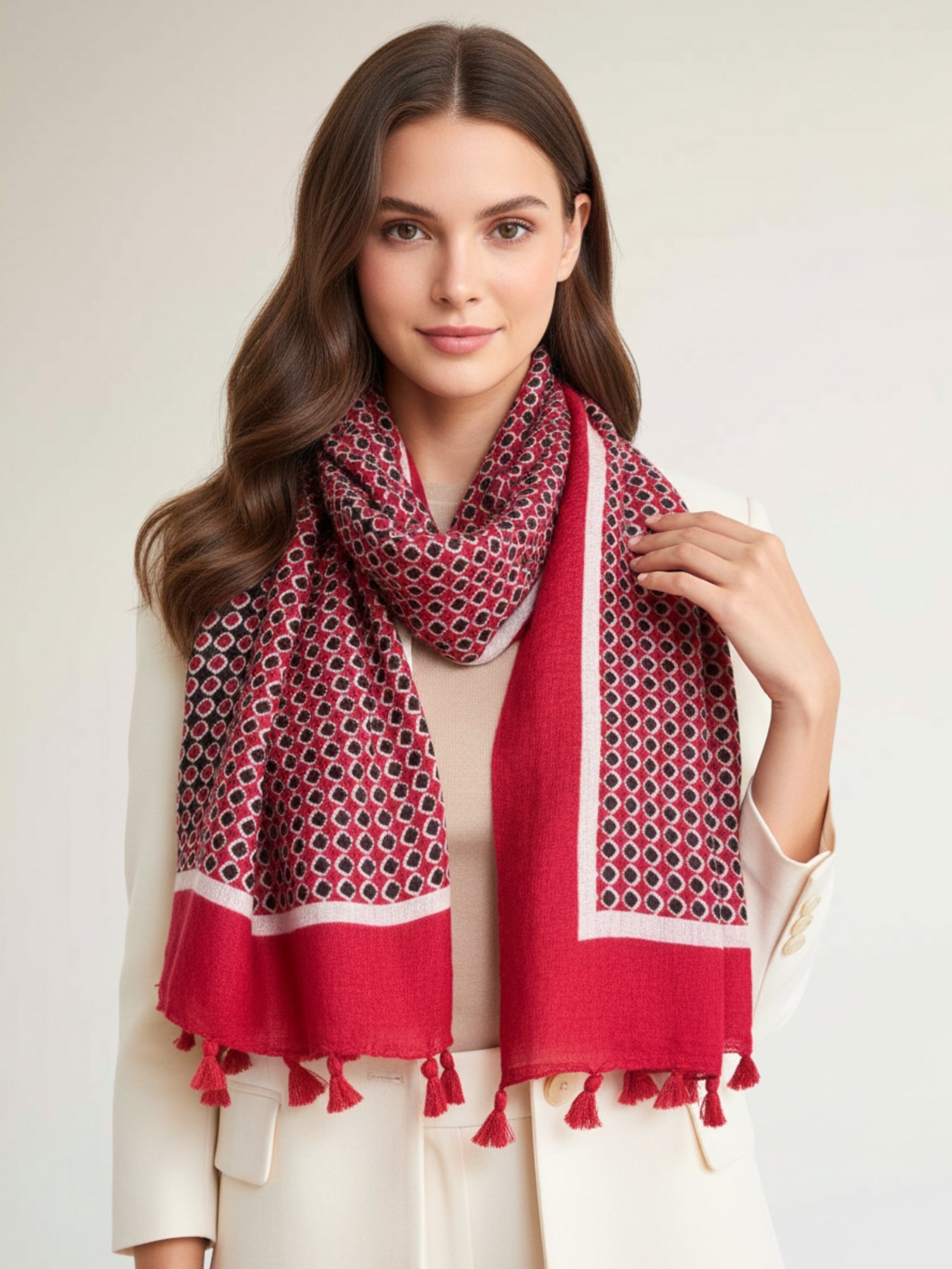 LARGE RED DIAMOND PRINT SHAWL SCARF WITH TASSELS