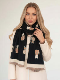 LARGE CASHMERE BLACK CAT PRINT REVERSIBLE WINTER SHAWL BLANKET SCARF