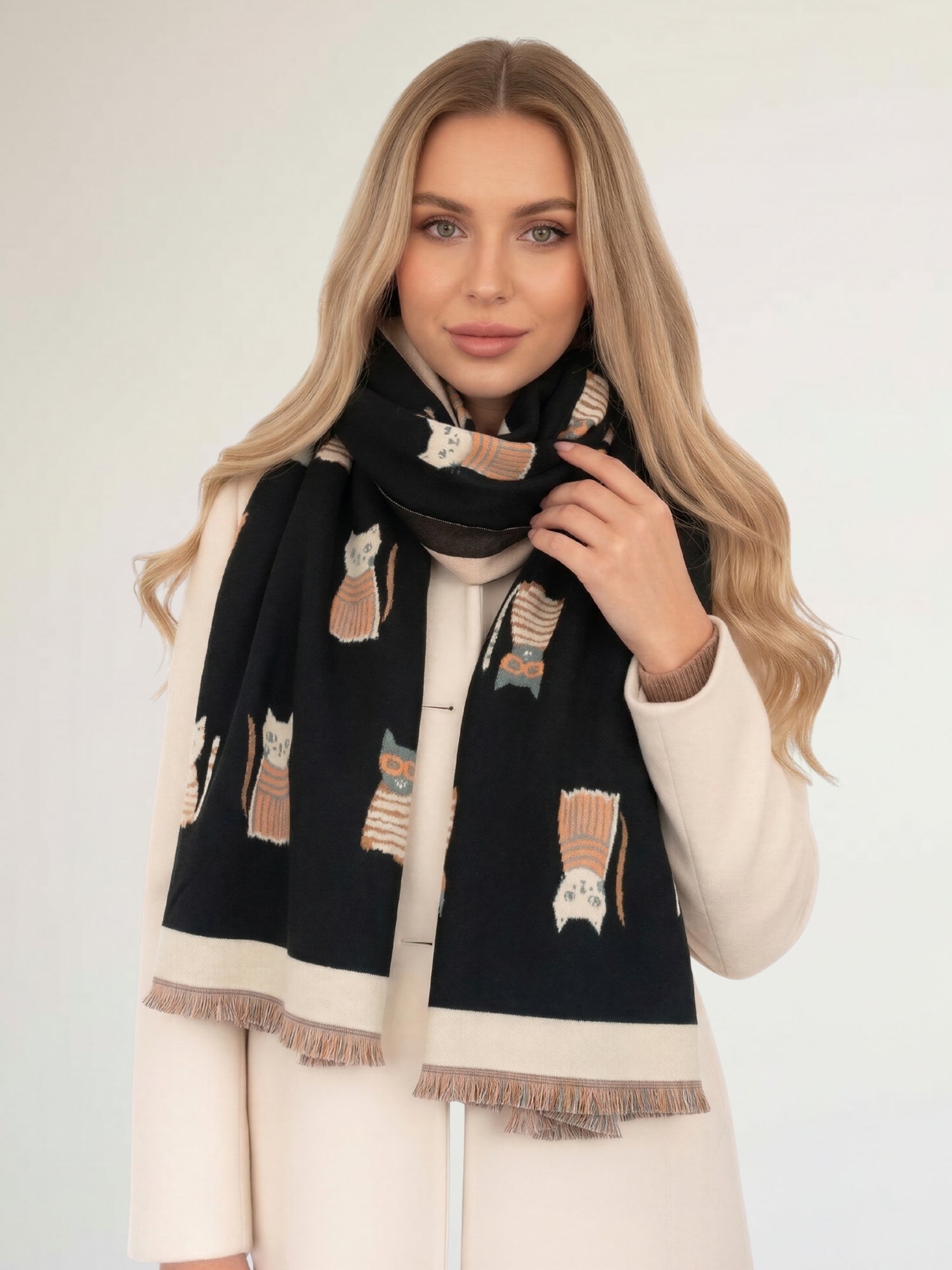 LARGE CASHMERE BLACK CAT PRINT REVERSIBLE WINTER SHAWL BLANKET SCARF
