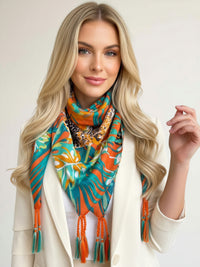 ORANGE LEOPARD & FLORAL PRINT SQUARE TASSEL SCARF - A-SHU.CO.UK