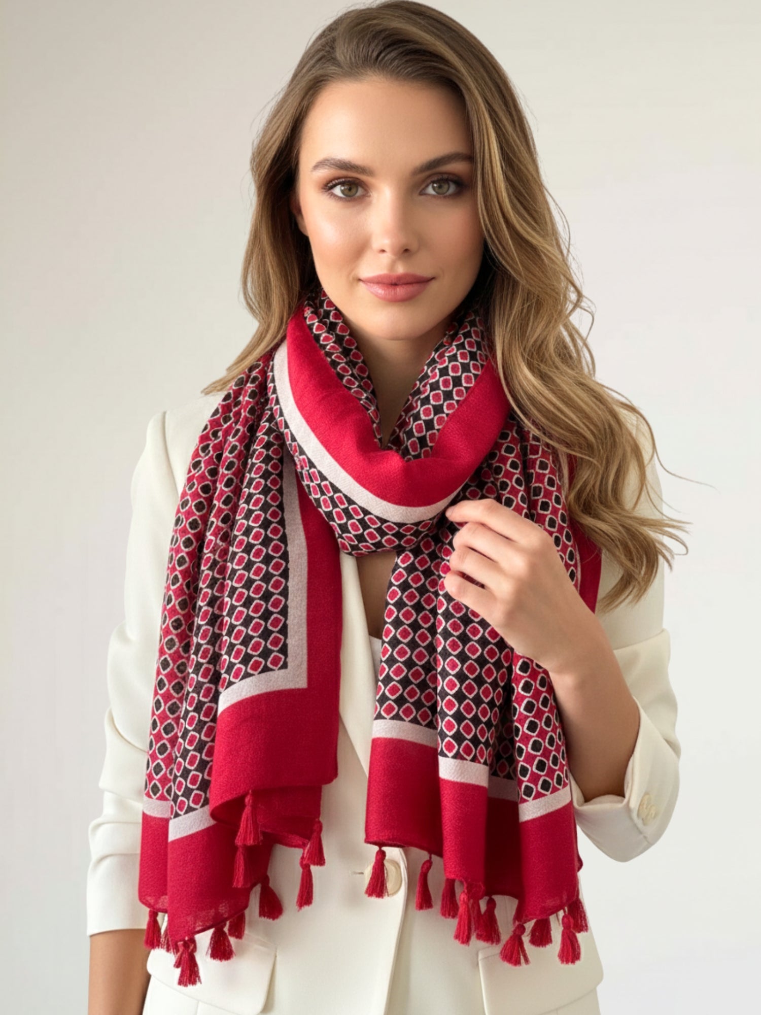 LARGE RED DIAMOND PRINT SHAWL SCARF WITH TASSELS