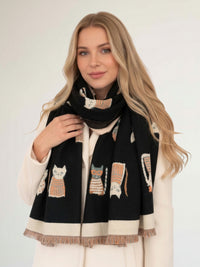 LARGE CASHMERE BLACK CAT PRINT REVERSIBLE WINTER SHAWL BLANKET SCARF