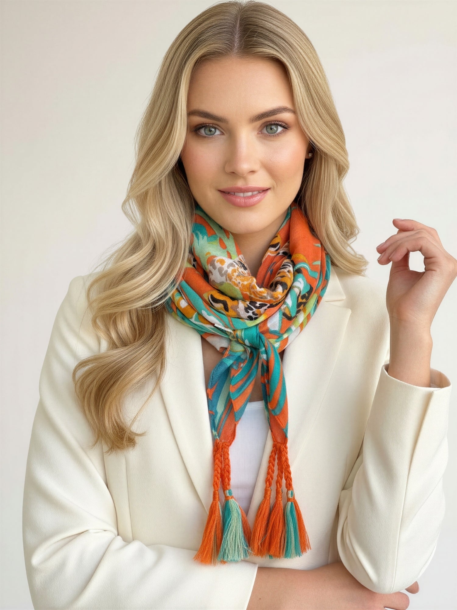 ORANGE LEOPARD & FLORAL PRINT SQUARE TASSEL SCARF - A-SHU.CO.UK