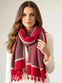 LARGE RED DIAMOND PRINT SHAWL SCARF WITH TASSELS