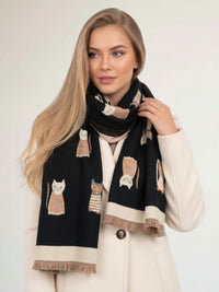 LARGE CASHMERE BLACK CAT PRINT REVERSIBLE WINTER SHAWL BLANKET SCARF