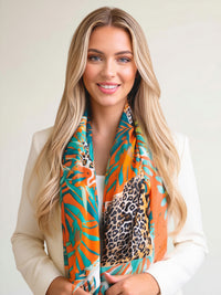ORANGE LEOPARD & FLORAL PRINT SQUARE TASSEL SCARF - A-SHU.CO.UK