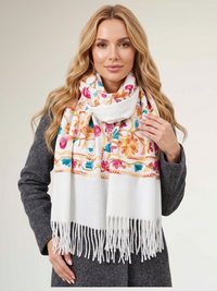 LARGE WHITE FLOWER PRINT CASHMERE COTTON BLEND WINTER SHAWL BLANKET SCARF