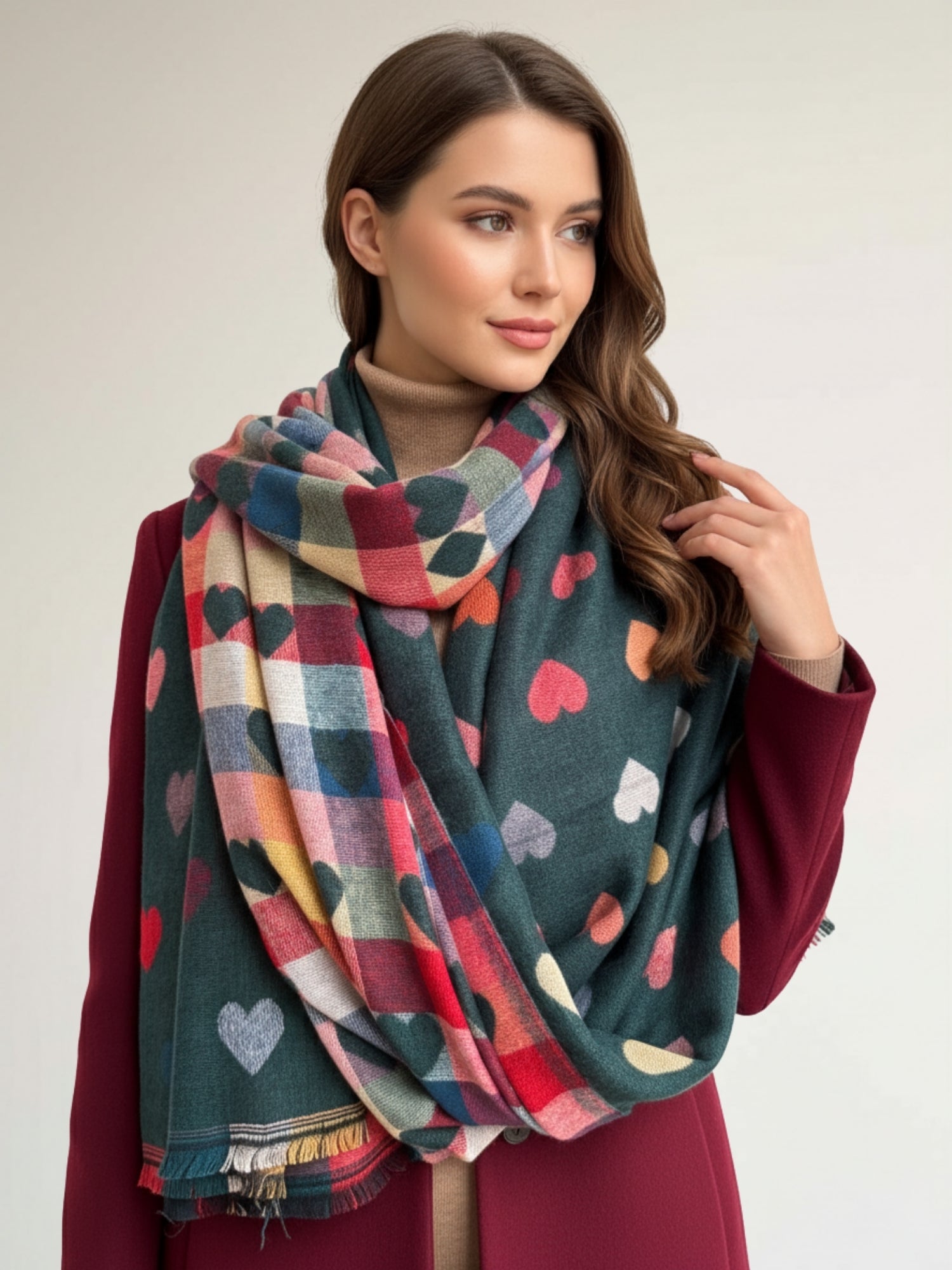 LARGE CHECKED HEART PRINT REVERSIBLE WINTER SHAWL BLANKET SCARF - TEAL
