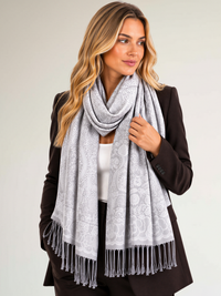 LARGE SILVER SWIRL FLORAL PRINT REVERSIBLE PASHMINA SHAWL SCARF - A-SHU.CO.UK