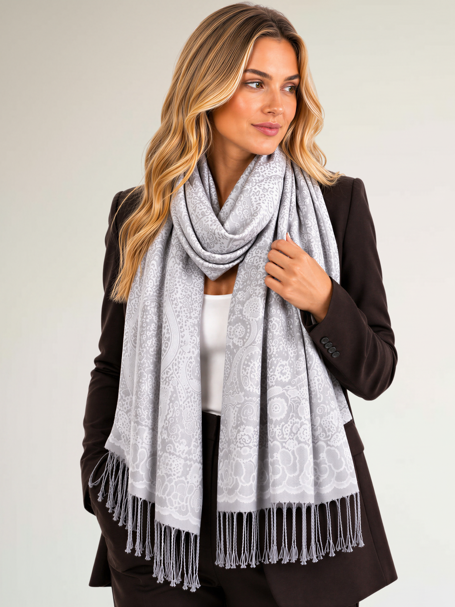 LARGE SILVER SWIRL FLORAL PRINT REVERSIBLE PASHMINA SHAWL SCARF - A-SHU.CO.UK