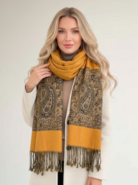 LARGE PLAIN YELLOW REVERSIBLE MULTI COLOUR PAISLEY PRINT PASHMINA SHAWL SCARF WRAP - A-SHU.CO.UK