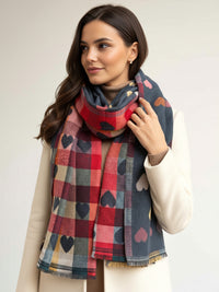 LARGE CHECKED HEART PRINT REVERSIBLE WINTER SHAWL BLANKET SCARF - DENIM