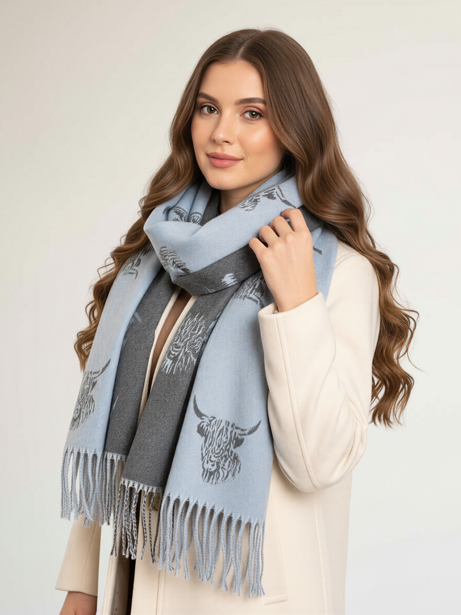 LARGE BABY BLUE HIGHLAND COW CASHMERE REVERSIBLE SHAWL SCARF