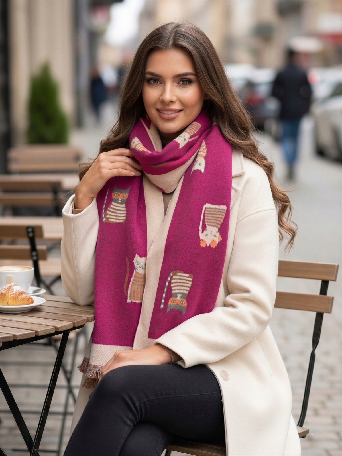 LARGE CASHMERE FUCHSIA PINK CAT PRINT REVERSIBLE WINTER SHAWL BLANKET SCARF