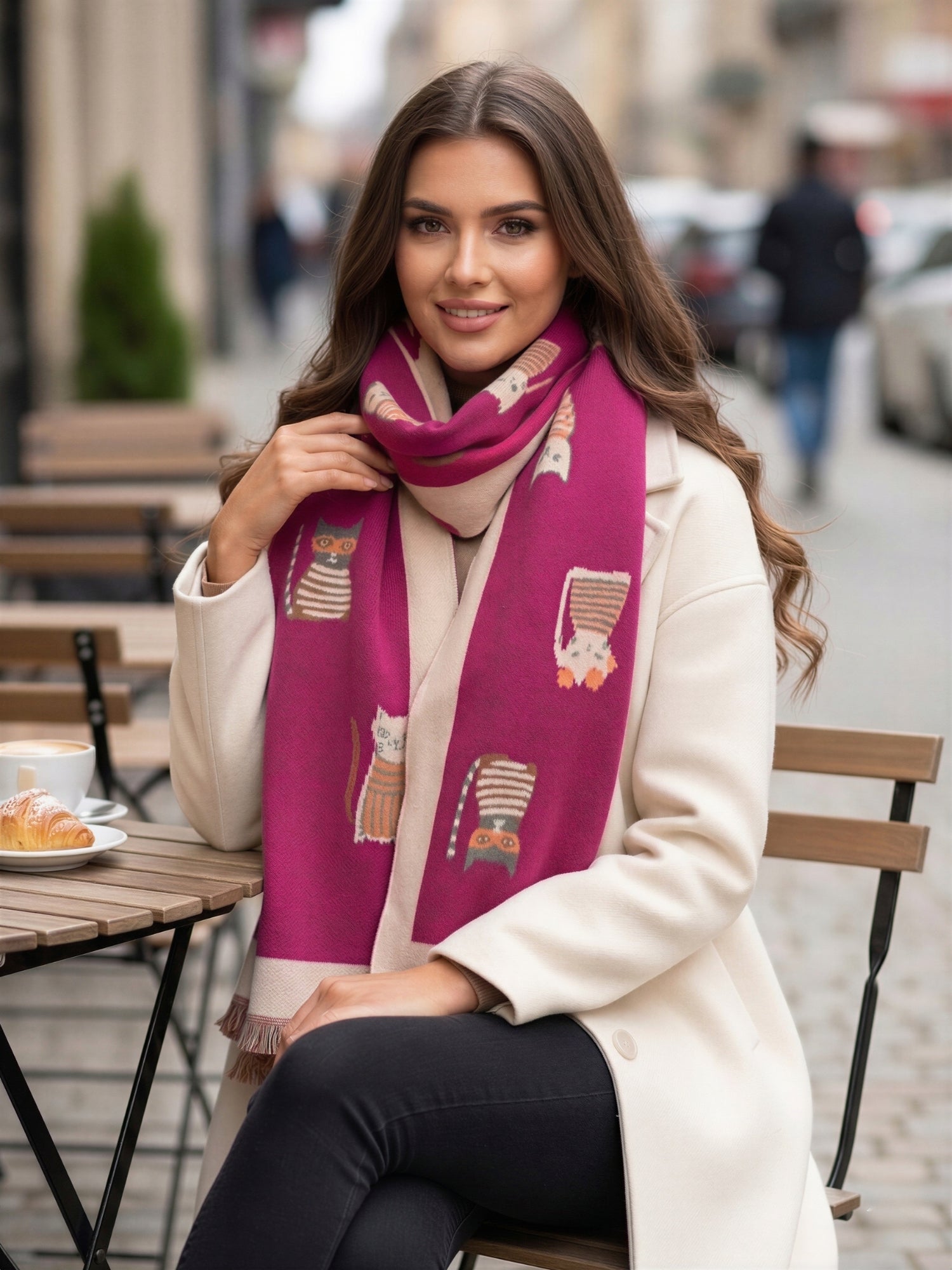 LARGE CASHMERE FUCHSIA PINK CAT PRINT REVERSIBLE WINTER SHAWL BLANKET SCARF