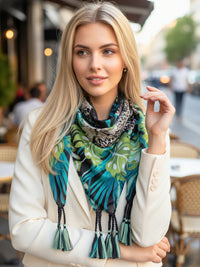 BLACK LEOPARD & FLORAL PRINT SQUARE TASSEL SCARF - A-SHU.CO.UK