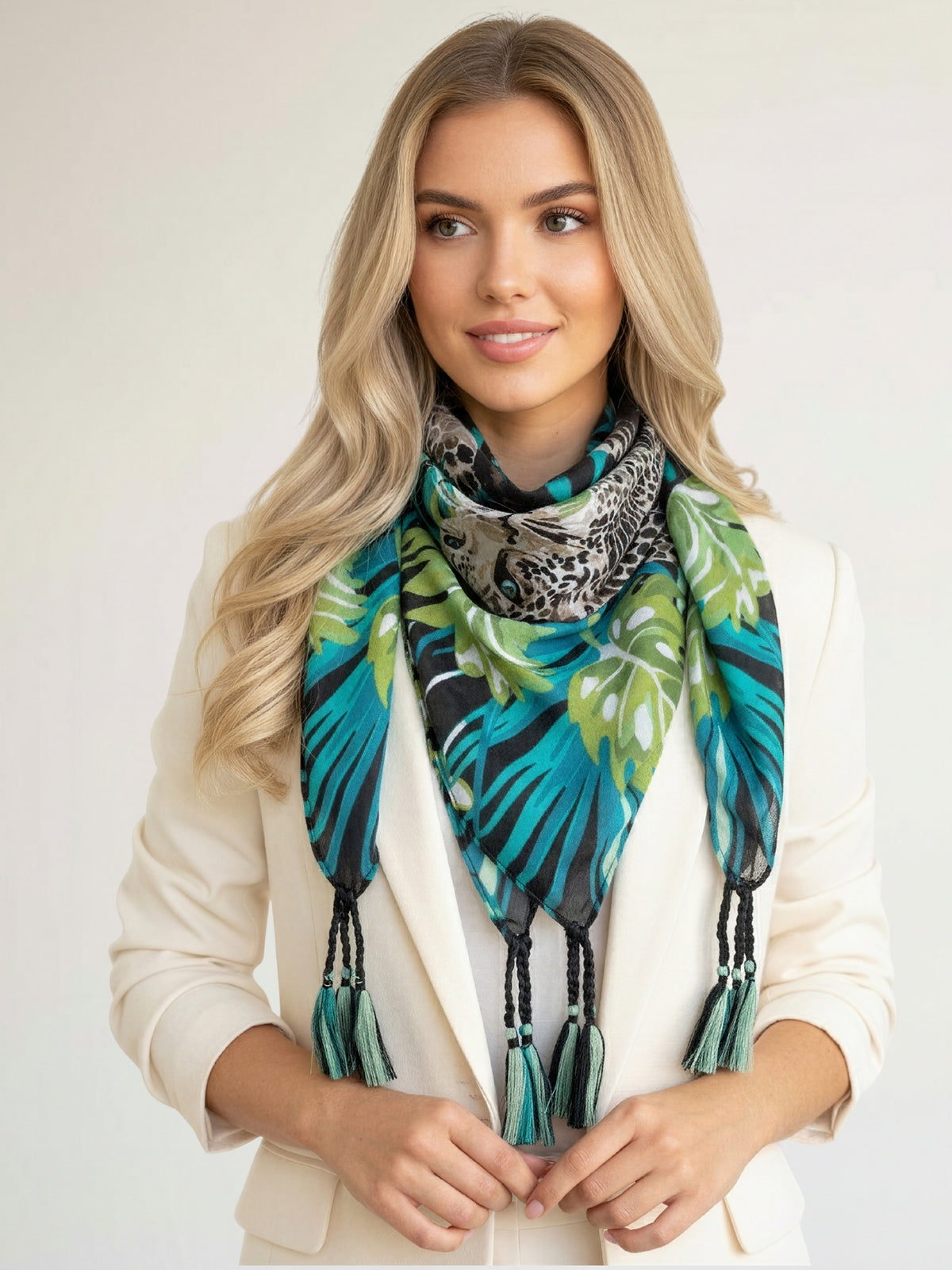 BLACK LEOPARD & FLORAL PRINT SQUARE TASSEL SCARF - A-SHU.CO.UK