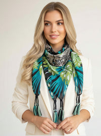 BLACK LEOPARD & FLORAL PRINT SQUARE TASSEL SCARF - A-SHU.CO.UK